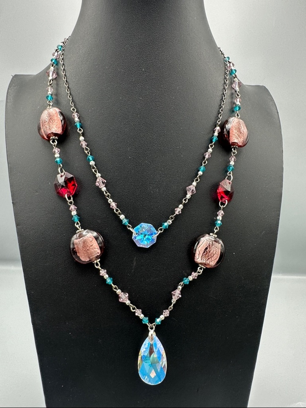 Aurora Teardrop Crystal Double-Layer Necklace - Blue & Red